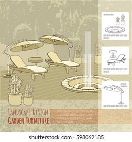 Vector illustration of hand drawn  lounge chairs under patio umbrella, fountain and flowers in pot. Garden accessory on beige  background. Landscape design. Backyard with outdoor furniture. Rest area.