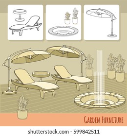 Vector illustration of hand drawn lounge chairs, umbrella,  fountain and flowers in pot. Garden accessory on beige  background. Landscape design. Summer backyard with outdoor furniture. Rest area.