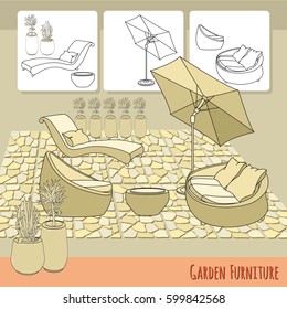 Vector illustration of hand drawn lounge chairs, umbrella, paving and flowers in pot. Garden accessory on beige  background. Landscape design. Summer backyard with outdoor furniture. Rest area.