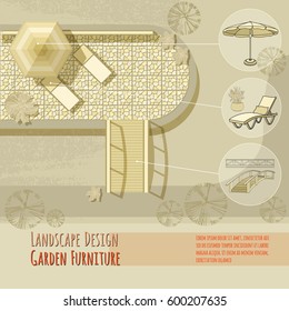 Vector Illustration Of Hand Drawn Lounge Chairs Under Patio Umbrella, Bridge, Pool And Flowers In Pot. Garden Accessory On Beige  Background. Landscape Design. Outdoor Furniture.  Rest Area Top View.