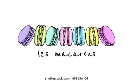Vector illustration of hand drawn macarons. Traditional pastry illustration. Beautiful food design elements.