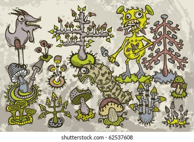 Vector illustration of hand drawn mad monsters who lives in magic mushrooms forest.