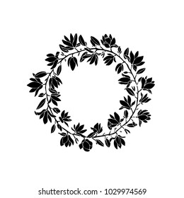 Vector illustration of hand drawn magnolia floral wreath. Beautiful floral design elements, ink drawing, logo template