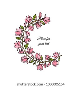 Vector illustration of hand drawn magnolia floral wreath. Beautiful floral design elements, ink drawing, logo template