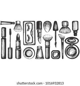 Vector illustration with hand drawn makeup products