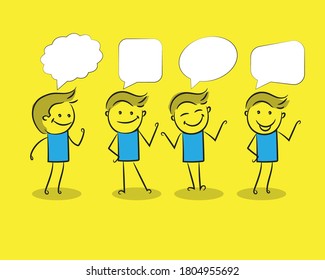 Vector illustration of hand drawn man showing different body postures with thought bubbles, cartoon stick figure illustration.