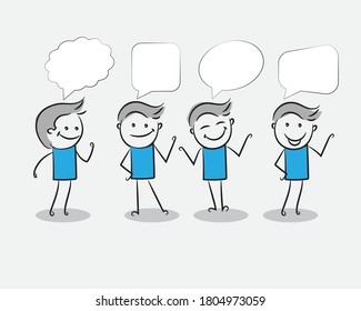 Ilustración vectorial de un hombre dibujado a mano que muestra diferentes posturas corporales con burbujas de pensamiento, ilustración de bastón de dibujos animados.