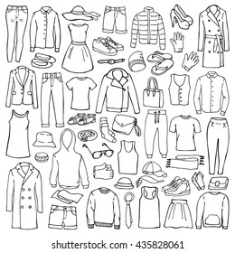 Vector illustration of hand drawn man and woman clothes and accessories elements