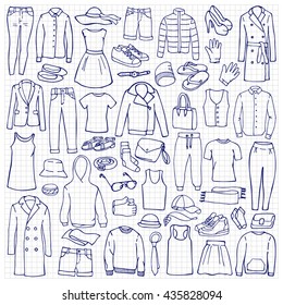 Vector illustration of hand drawn man and woman clothes and accessories elements on squared background