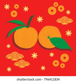 Vector illustration. Hand drawn Mandarines, clementines, citrus. Happy New Chinese Year. Asian desgin elements and red background.