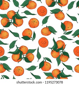 Vector illustration. Hand drawn Mandarins, clementines, citrus. Mandarin seamless pattern.