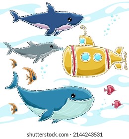 Vector illustration of hand drawn marine animals with yellow submarine