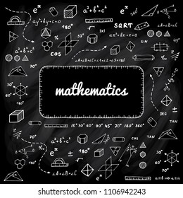 Vector illustration with hand drawn mathematics doodles. Geometry science elements on black chalk board.