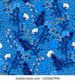 Vector illustration of a hand drawn meadow flowers and leaves. Seamless vector pattern with hand paint polkadots design for fashion , fabric, web, wallpaper, and all prints on sky blue 