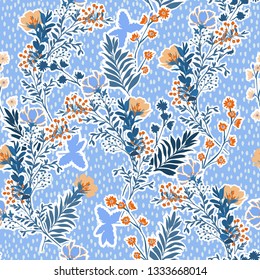 Vector illustration of a hand drawn meadow flowers and leaves. Seamless vector pattern with hand paint polka dots design for fashion , fabric, web, wallpaper, and all prints on light blue