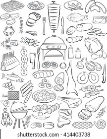 vector illustration of hand drawn meat elements set in line art mode