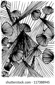 Vector illustration of hand drawn medusa jelly fish sea black & white background pattern. Pattern / Background.