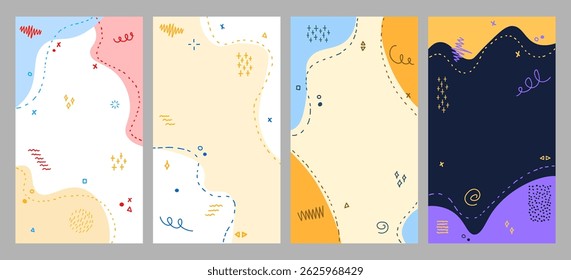 Vector illustration. Hand drawn memphis pattern elements and dotted lines. Doodle childish background. Trendy abstract colorful style. Design elements for vertical wallpaper, flyer, coupon, leaflet