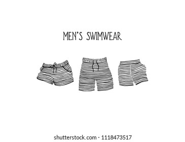 Vector illustration of hand drawn men's striped swimwear. Ink drawing, beautiful casual fashion design elements