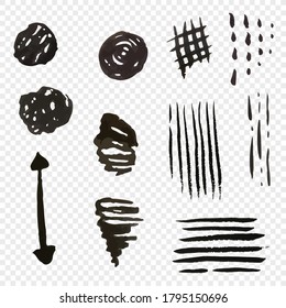 Ilustración vectorial líneas desordenadas a mano y tinta de trazo de pincel de línea punteada. Fondo de transparencia. Arte de línea y garabato. Este diseño para tatuajes, decoración, patrones y más.