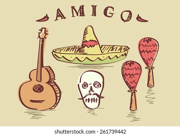 Vector illustration of hand drawn Mexican objects set, sombrero, sugar skull, guitar and maracas 