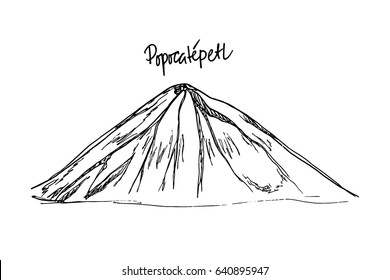 Vector illustration of hand drawn Mexican volcano. Ink drawing, graphic style. Perfect for travel, sport or spiritual designs.