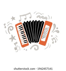 Vector illustration of hand drawn minimalist hand drawn flat style accordion of bright black and orange color playing traditional creative music amidst gray ornaments and simple notes