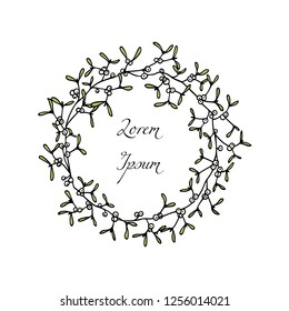 Vector illustration of hand drawn mistletoe wreath. Ink drawing, graphic style, beautiful Christmas design element