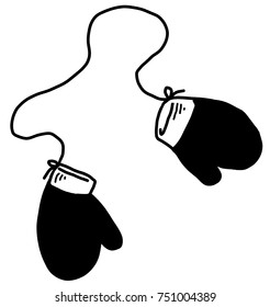 Vector illustration of hand drawn mittens on a string.
