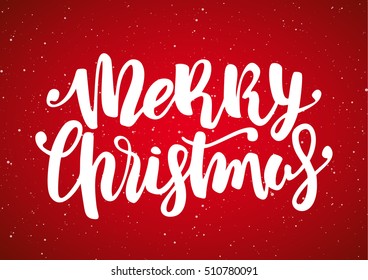 Vector illustration: Hand drawn modern brush lettering of Merry Christmas  on red snowflake background.