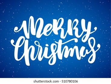 Vector illustration: Hand drawn modern brush lettering of Merry Christmas  on blue snowflake background.