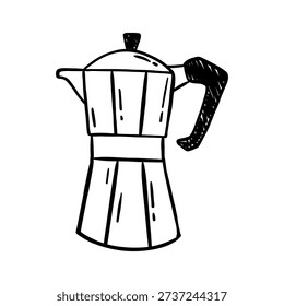 Vector illustration of hand drawn moka pot coffee maker. Simple black and white doodle espresso kettle for cafe logo, barista menu, kitchen decor, poster, sticker and hipster coffee design.