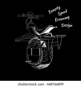 Vector illustration of Hand Drawn mono cycle. Logo, emblem, lettering design. Typography element on black background.