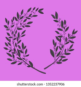 Vector illustration. Hand drawn monochrome  floral wreath isolated on violet background. Designe for wedding, invitation, greeting card, posters, blogs, postcard. 