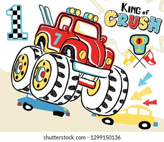 Vector illustration of hand drawn monster truck cartoon crush little cars