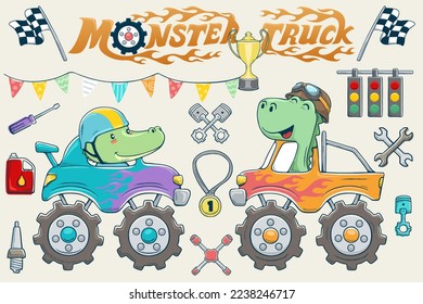 Ilustración vectorial de la caricatura del camión monstruo dibujado a mano con el chofer de los dinosaurios graciosos, elementos de carreras de coches ilustración