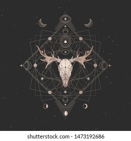Vector illustration with hand drawn Moose skull and Sacred geometric symbol on black vintage background. Abstract mystic sign. Gold linear shape. For you design and magic craft.