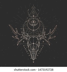 Vector illustration with hand drawn Moose skull and Sacred geometric symbol on black vintage background. Abstract mystic sign. Gold linear shape. For you design and magic craft.