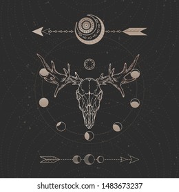 Vector illustration with hand drawn Moose skull and Sacred geometric symbol on black vintage background. Abstract mystic sign. Gold linear shape. For you design and magic craft.