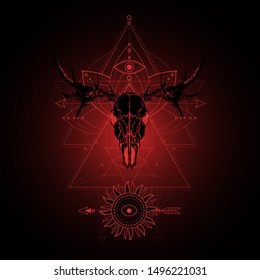 Vector illustration with hand drawn moose skull and Sacred geometric symbol on black background. Abstract mystic sign. Red linear shape. For you design, tattoo or magic craft.