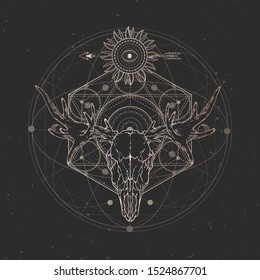 Vector illustration with hand drawn Moose skull and Sacred geometric symbol on black vintage background. Abstract mystic sign. Gold linear shape. For you design and magic craft.