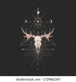 Vector illustration with hand drawn moose skull and Geometric symbol on black vintage background. Gold linear shape. 