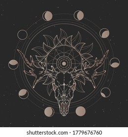 Vector illustration with hand drawn Moose skull and Sacred geometric symbol on black vintage background. Abstract mystic sign. Gold linear shape. 