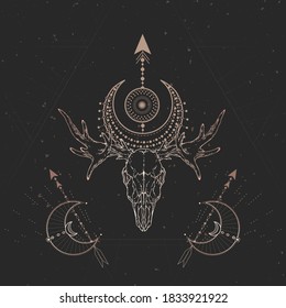 Vector illustration with hand drawn Moose skull and Sacred geometric symbol on black vintage background. Abstract mystic sign. Gold linear shape. For you design and magic craft.