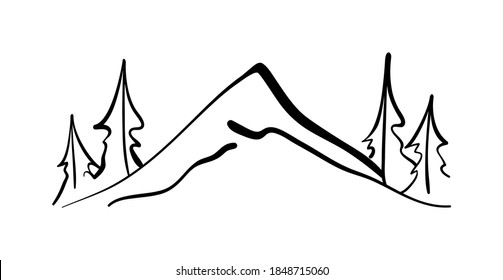 Ilustración del vector: Esbozo de montaña dibujado a mano. Paisaje con monte, colinas y pinos. 
