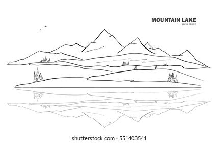 Vector Illustration: Hand Drawn Mountain Lake Sketch Landscape With Pine And Reflection. Line Design.