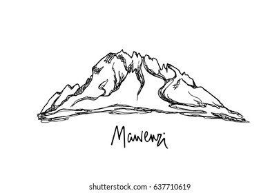 Vector illustration of hand drawn mountain peak Mawenzi, Africa. Ink drawing, graphic style. Perfect for travel, sport or spiritual designs.