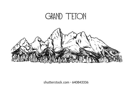 Vector illustration of hand drawn mountain in American Grand Teton National Park. Ink drawing, graphic style. Perfect for travel, sport or spiritual designs.