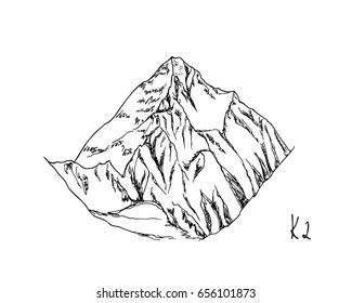 Vector illustration of hand drawn mountain K2. Ink drawing, graphic style. Perfect for travel, sport or spiritual designs.