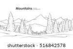 Vector illustration: Hand drawn Mountains sketch background with pine forest on foreground. Line design